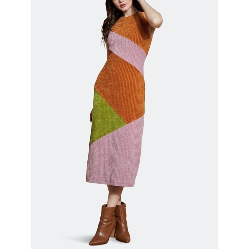Hutch Jordy Colorblock Chenille Midi Shift Dress 2X Orange Pink Green Sleeveless